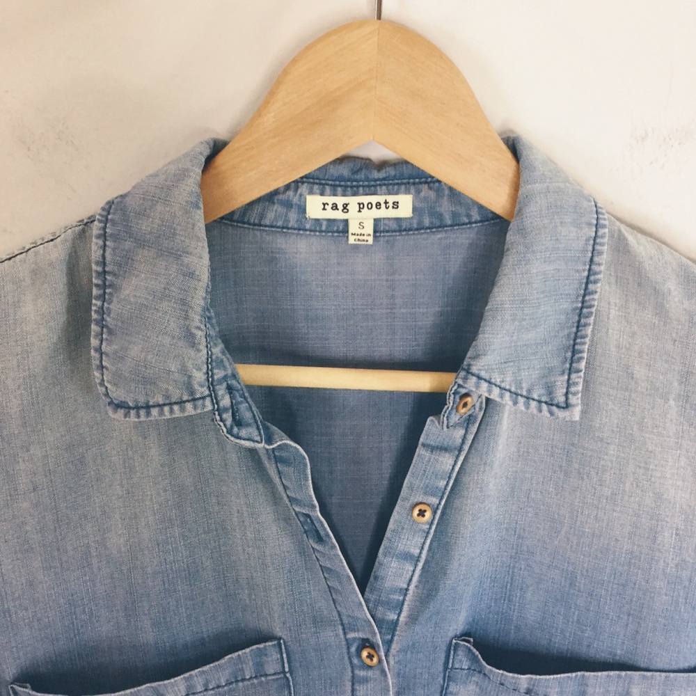 Rag Poets split hem fray edge chambray denim top - Picture 5 of 6